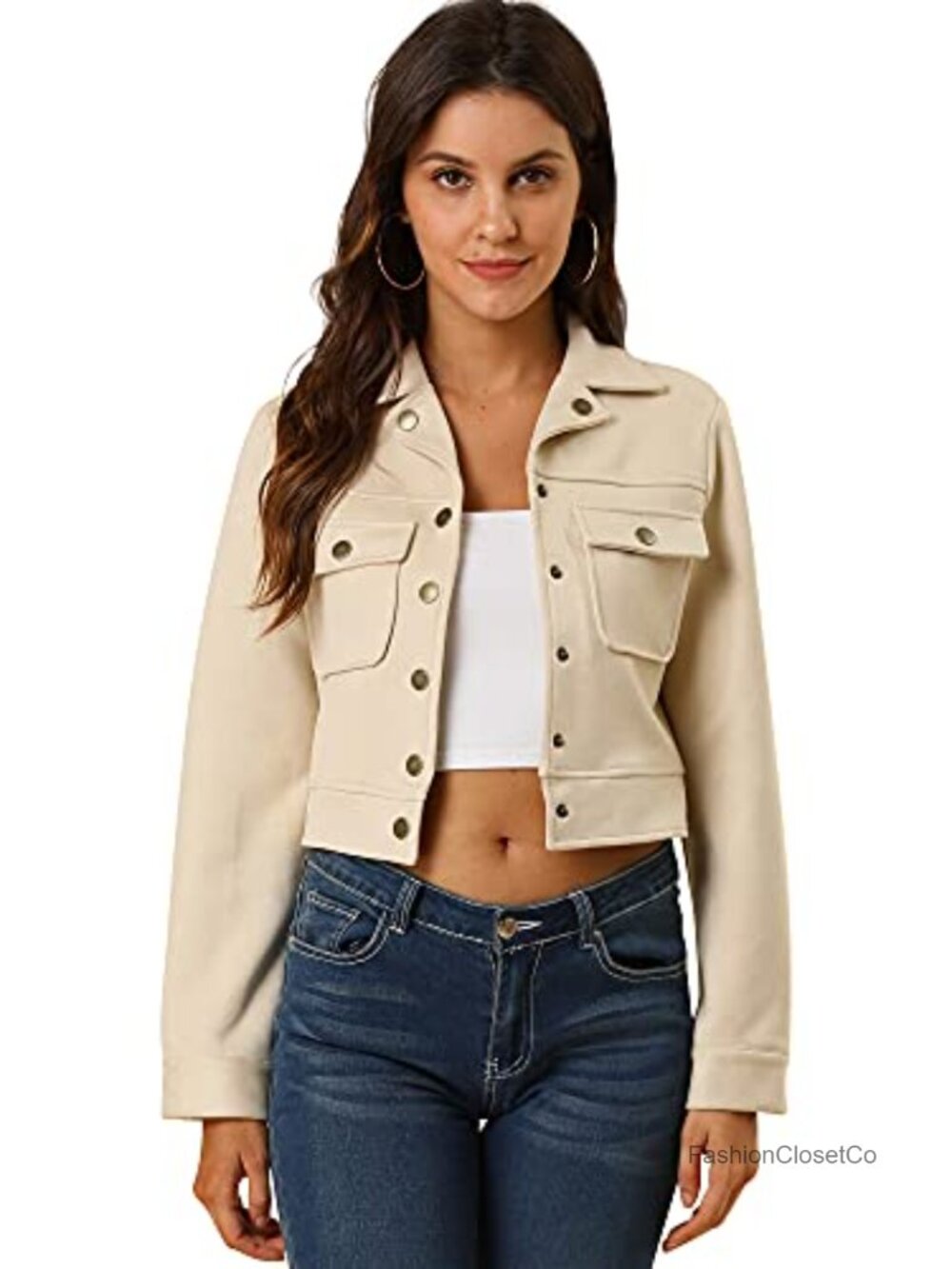 Faux Suede Cropped Jacket Button Down Collar Snap Closure Flap Pockets